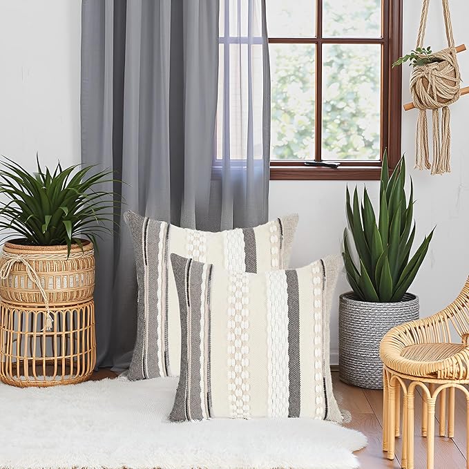 Tosleo Boho Throw Pillow Covers 18x18 Set of 2 Striped Decorative Pillow Cases Accent Chenille Pillowcases Farmhouse Cushion Case Bohemian Nuetral Textured Pillow Cover,White