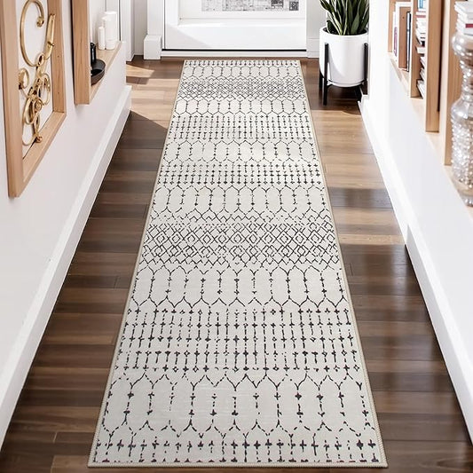 Lahome Moroccan Runners for Hallways 2x8 - Beige Washable Runner Rug Non-Slip Stain Resistant Kitchen Rug Runner, Geometric Print Distressed Soft Untra- Thin Floor Carpet for Bedroom Entryway