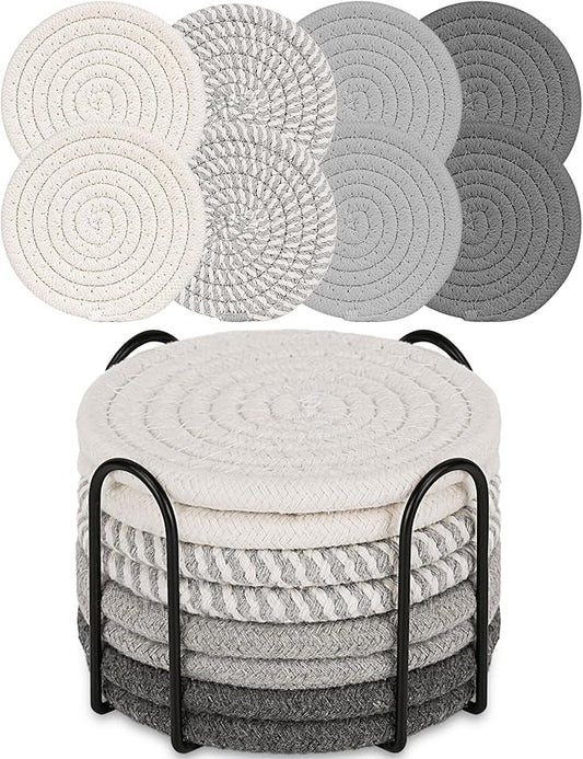 Adorever 8 Pcs Round Cotton Boho Coasters Set with Holder, Gray, 4.3 Inch