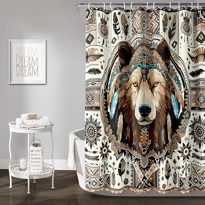AILONEN Dreamcatcher Wolf Shower Curtain for Bathroom Decor,Retro Boho Wolf Bath Curtain for Kids Boys Girls,Print Polyester Waterproof with 12 Plastic Hooks 60" W*72" H