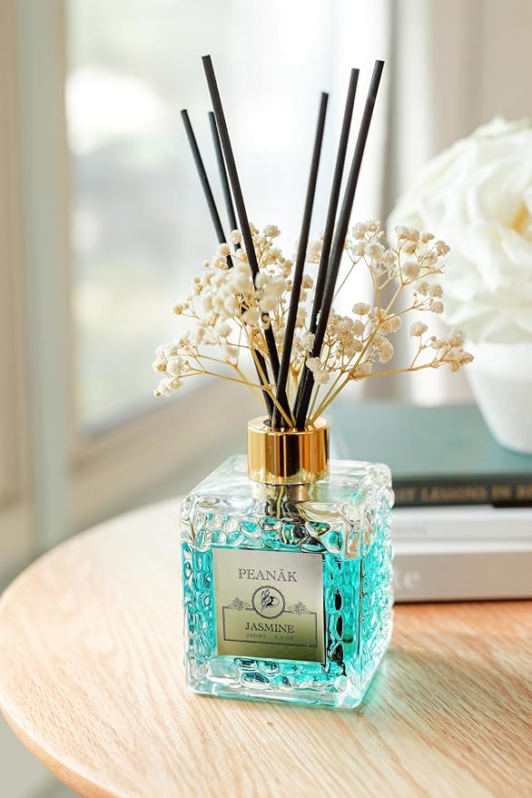Reed Diffuser Set - Jasmine Amber Oil, Oil Diffuser Sticks, Bathroom Diffuser, Bathroom Decor, 200ml with Preserved Flowers - PEANÄK