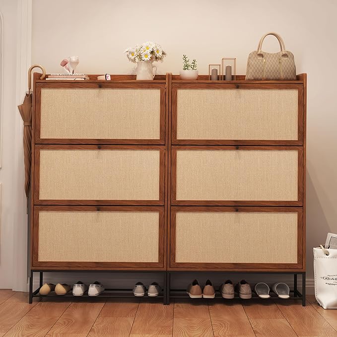 AVZEAR Narrow Shoe Storage Cabinet with 3 Flip Drawers, Freestanding Wooden Closed Shoe Rack, Slim Cabinet Storage for Entryway, Hallway, Living Room (Walnut)