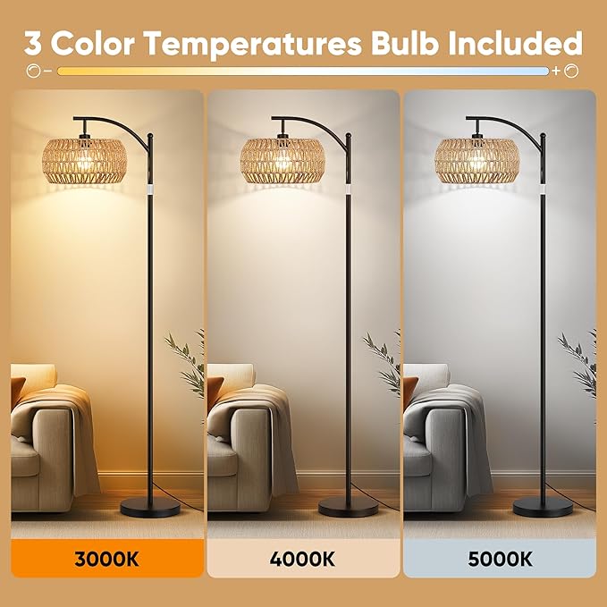 ROTTOGOON Boho Floor Lamp with Dimmable Bulb, Rattan Shade, Boho Standing Tall Lamps with Foot Switch, Black Bohemian Floor Lamps for Living Room, Bedroom, Office