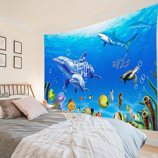 HVEST Blue Ocean Dolphin Tapestry Shark Sea Turtle and Tropical Fish Coral Wall Art Summer Nature Landscape Tapestry Wall Hanging for Kids Bedroom Living Room Dorm Party Wall Decor,92.5W X 70.9H inch