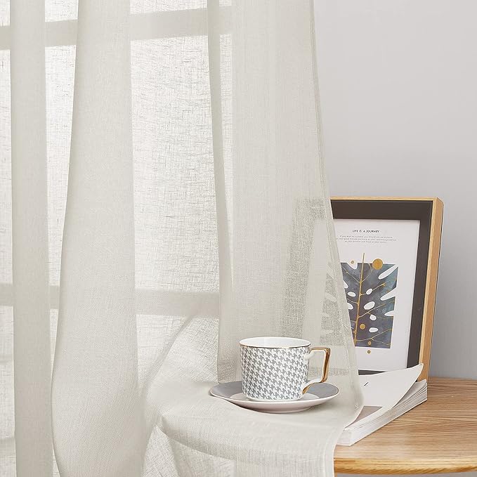 NICETOWN Linen Sheer Curtains 63 inch Length for Bedroom, Grommet Top Linen Blend Semi Sheer Privacy Window Treatment Light Filtering for Living Room, Natural, 52" W x 63" L, Set of 2