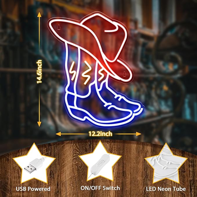 Kavaas Cowboy Boot Neon Sign, Neon Cowboy Hat Sign for Wall Decor | Western Neon Sign for Bedroom, Bar, Office, Man Cave - Best Gifts for Rodeo Enthusiast, Birthday, Christmas