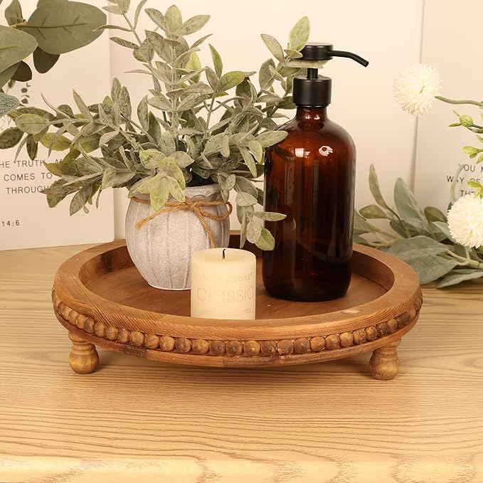 Wooden Tray - Round Beaded Serving Tray for Home Decor, Coffee Table, Kitchen Table, or Farmhouse Decor (Brown)