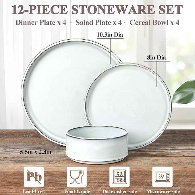 Herogo 12 Pieces Stoneware Dinnerware Set for 4, Ceramic Dinner Dishware Sets for Home Kitchen, Plates and Bowls with Rustic Terracotta Bottom, Dishwasher & Microwave Safe, Icy White