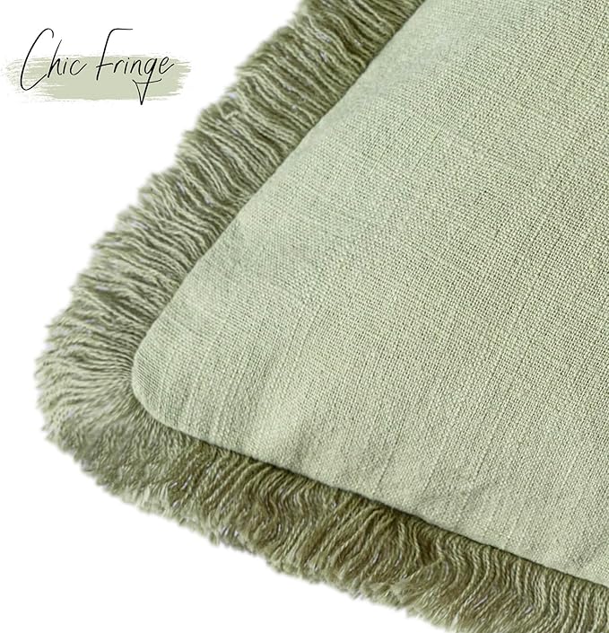 Foindtower Set of 2 Decorative Linen Fringe Throw Pillow Covers Boho Farmhouse Cushion Cover with Tassels Soft Accent Pillowcase for Couch Sofa Bed Living Room Home Decor,16×16 Inch,Light Sage Green