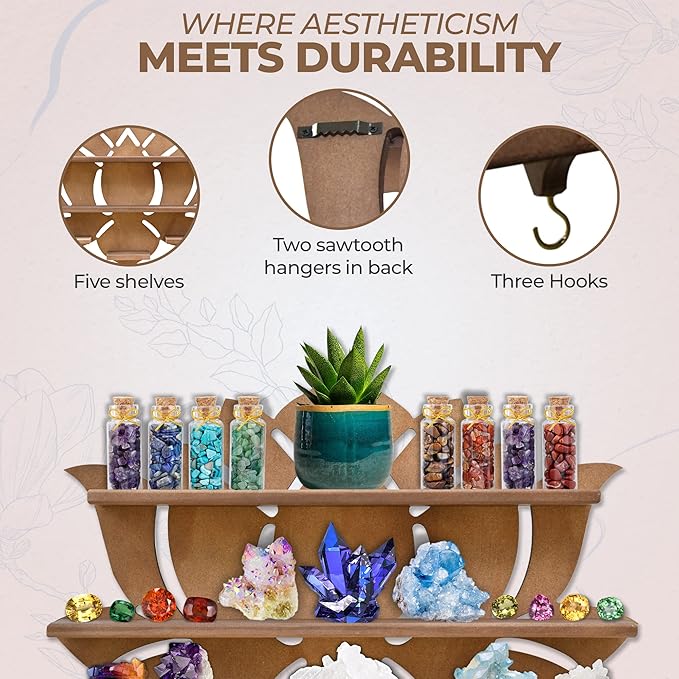 Chakral Wooden Lotus Flower Shelf for Crystals - Floating Crystal Display Shelf & Holder, Wall Decor for Bedroom Aesthetic, Pinewood (Brown)