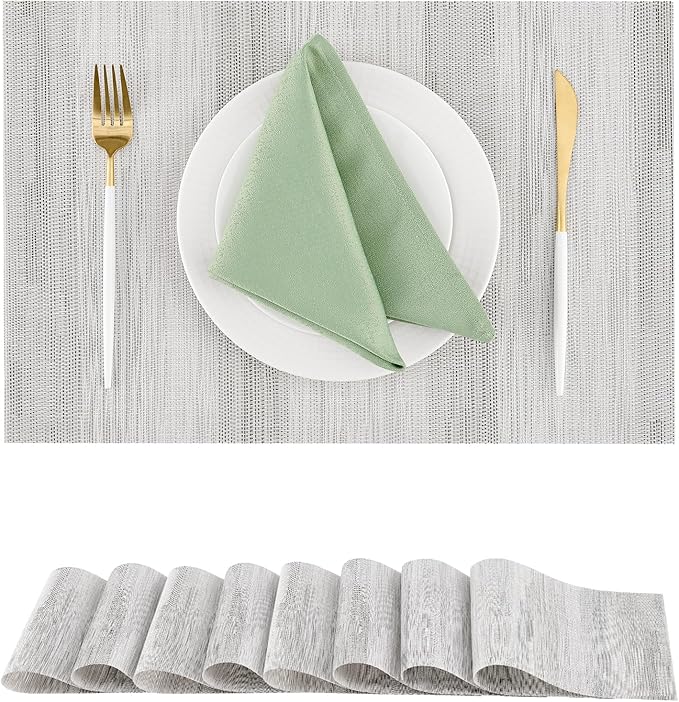 Leetaltree Lightsteel Black Placemats Set of 8 - Heat Resistant Non-Slip Place mats for Dining Table, Washable Durable PVC Vinyl Woven Table Mats (Lightsteel Black, 8)