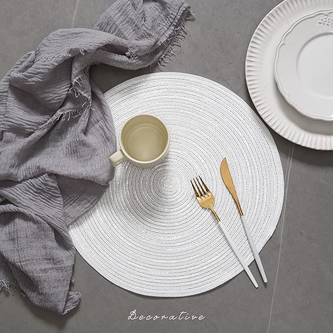 Noctiflorous 15 Inch Round Placemats Set of 6 Durable Braided Woven Heat Resistant Table Mats for Indoor Outdoor Non Slip Dining Table Place Mats(White Silver, 6)