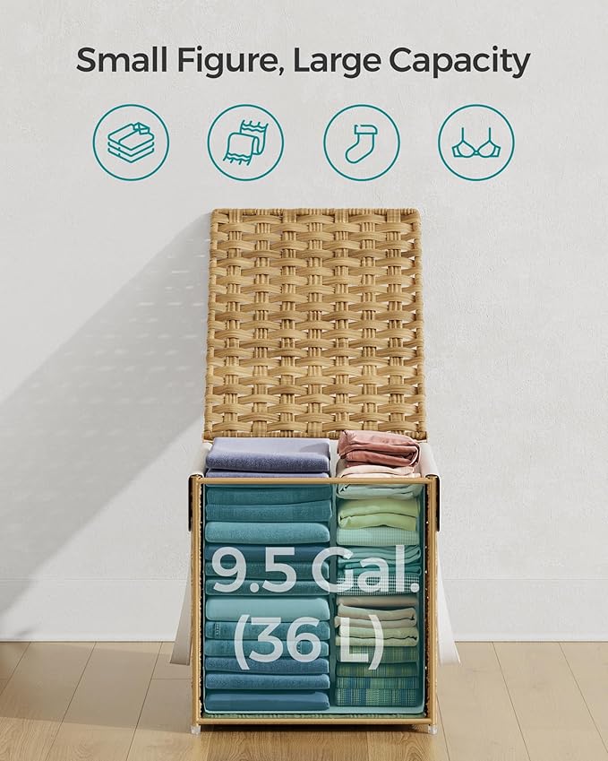 SONGMICS Laundry Hamper with Lid, 9.5 Gallon (36 L) Synthetic Rattan Clothes Laundry Basket with Lid and Handles, Foldable, Removable Liner, Goose Yellow ULCB136Y01