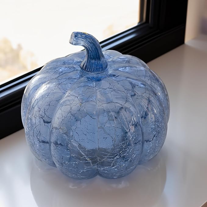 Indigo Blue Crackle Glass Pumpkin Twinkling Light with Timer- Fall Decoration for Home-Lamps for Festive Decoration-Halloween Decorations