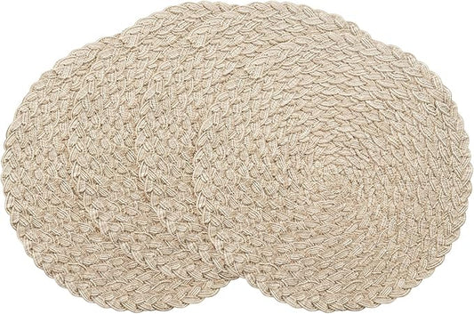 Floroom 15 Inch Round Braided Placemats Set of 4, Washable Heat Resistant Cotton Polyester Circle Boho Place Mats for Kitchen Dining Table - Dunes Khaki