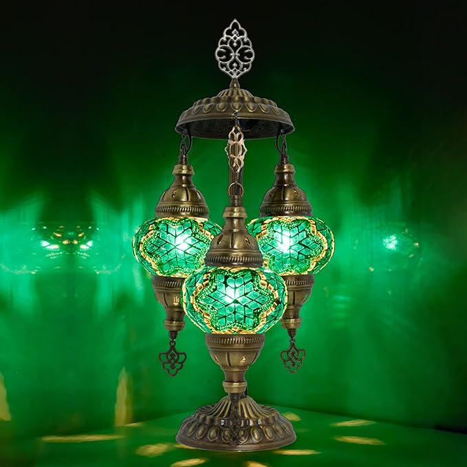 mozaist 3 Globe Mosaic Tiffany Style Table Lamp, Stained Glass Turkish Handcraft Desk Light, Bohemian Vintage Guestroom, Study Room Decorative Teal Lighting with US Plug & E12 Socket(Turquoise Green)