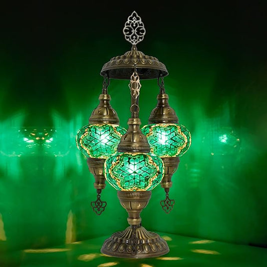 mozaist 3 Globe Mosaic Tiffany Style Table Lamp, Stained Glass Turkish Handcraft Desk Light, Bohemian Vintage Guestroom, Study Room Decorative Teal Lighting with US Plug & E12 Socket(Turquoise Green)