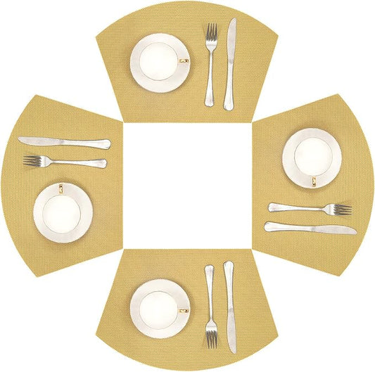 SHACOS Round Table Placemats Wedge Placemat Set of 4 Non Slip Heat Resistant Woven Vinyl Metallic Golden Table Mats Wipe Clean Indoor Outdoor (4, Gold)