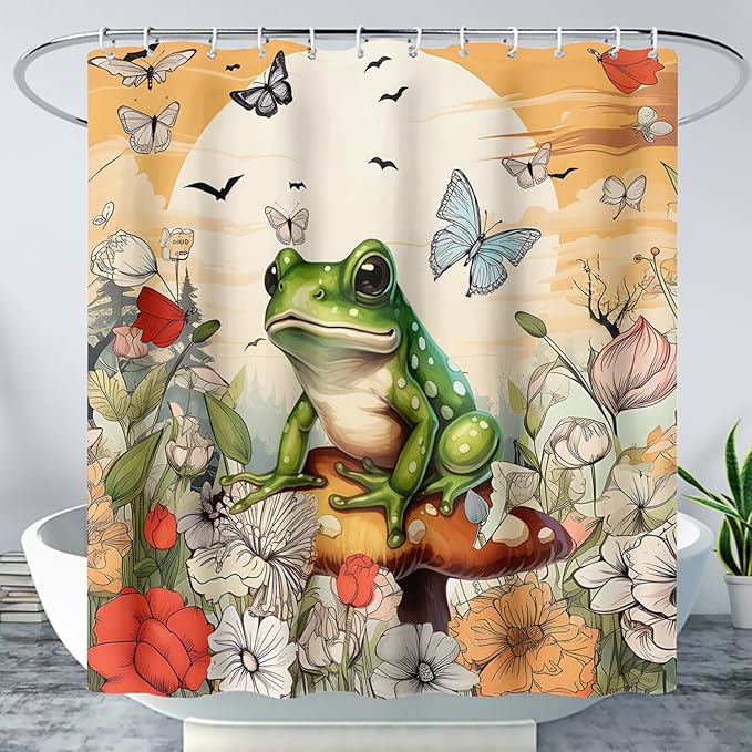 AILONEN Cartoon Frog Waterproof Shower Curtain,Nature Plant Fungus Flower Frog Bath Curtain,Fantasy Sunset Abstract Yellow Bathroom Curtain Decor 60" W x 72" H