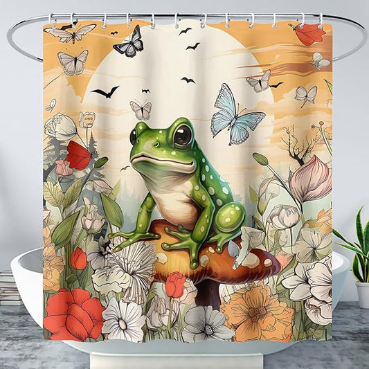 AILONEN Cartoon Frog Waterproof Shower Curtain,Nature Plant Fungus Flower Frog Bath Curtain,Fantasy Sunset Abstract Yellow Bathroom Curtain Decor 72" W x 72" H