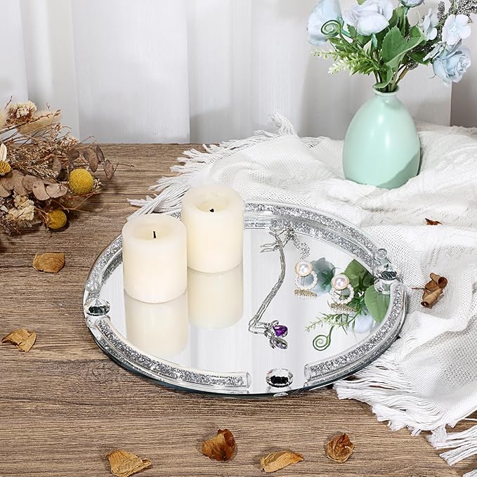 Hipiwe Crushed Diamond Perfume Tray - 9.8" Round Mirror Vanity Trays Glass Decorative Trays for Bathroom Countertop Cosmetic Makeup Organizer Tray Silver Jewelry Trays