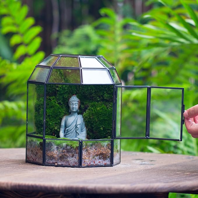 NCYP Half Dome Geometric Glass Terrarium with Door, Closed Succulents Planter Pot, Miniature Landscape Container, Indoor Tabletop Decor, Black (Terrarim Only)