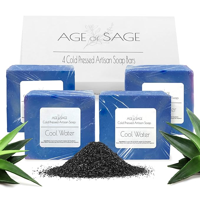 Handmade Natural Bar Soap Gift Set - 100% All Organic Vegan Bath Moisturizing Handmade Artisan Scented Cold Process Fragrant Soaps with Essential Oil - 4 Pack (Cool Water)