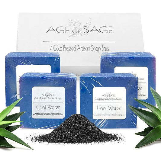 Handmade Natural Bar Soap Gift Set - 100% All Organic Vegan Bath Moisturizing Handmade Artisan Scented Cold Process Fragrant Soaps with Essential Oil - 4 Pack (Cool Water)