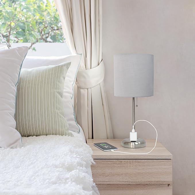 Simple Designs LT1144-GRY Sleek and Slender Brushed Steel Table Lamp with Charging Outlet, for Bedroom, Living Room, Entryway, Office, Dining Room, Study, Gray Shade