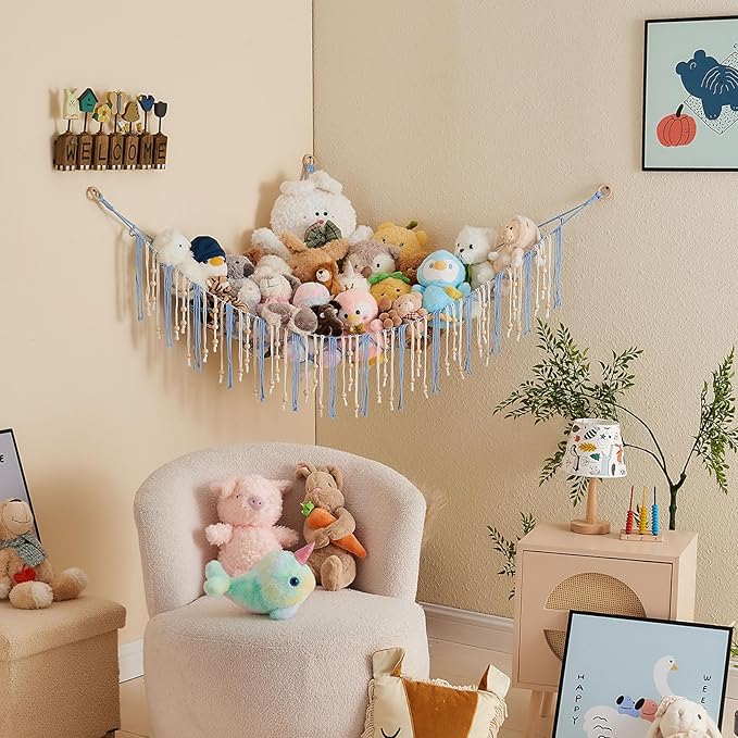 Pretty Jolly Stuffed Animal Storage Hammock with Wooden Beads Corner Hanging Net Boho Tassel for Toy Plush Holder for Kid Room Nursery Decor Wall Display Organizer for Girls Boy Gift(Light Blue)