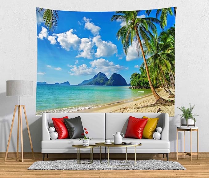 Loccor Ocean Beach Tapestry Tropical Seaside Island Palm Trees Waves Wall Tapestry Summer Hawaii Paradise Landscape Wall Hanging Hippie Bohemian Wall Art for Living Room Bedroom Home Decor（60x50 Inch）