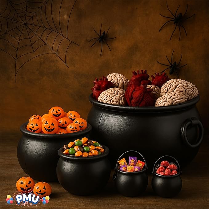 PMU 5pc- (22",16",12", 8",6") Halloween Cauldron Pot Kettle, Black Plastic Witch Cauldron, Halloween Party Candy Holder, Indoor & Outdoor Decorations