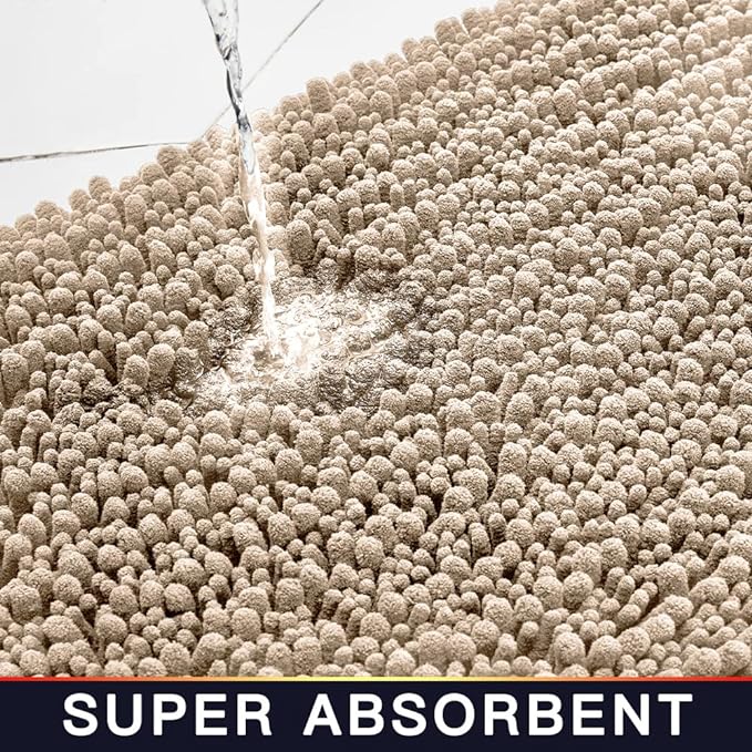 Walensee Bathroom Rug 2 Pieces Set Non Slip Bath Mat (20"x32" Plus 20"x24" U Beige) Water Absorbent Super Soft Shaggy Chenille Machine Washable Dry Extra Thick Perfect Carpet for Shower Floor