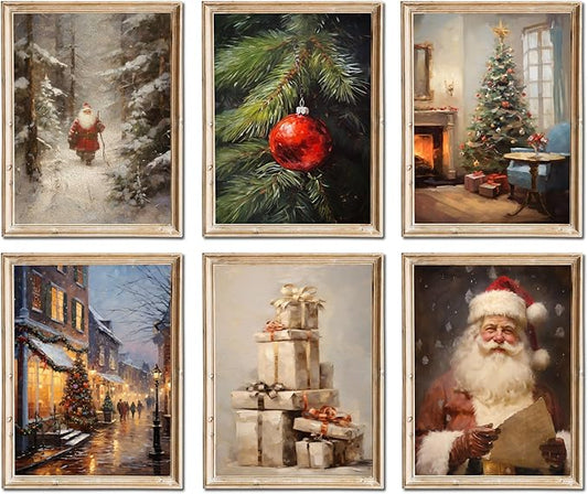 Christmas Canvas Wall Art Christmas Pictures Wall Decor Christmas Poster Winter Vintage Holiday Gallery Print set of 6, Santa Claus Tree Gift, Santa Oil Painting Christmas Holiday Decor- 8"X10"