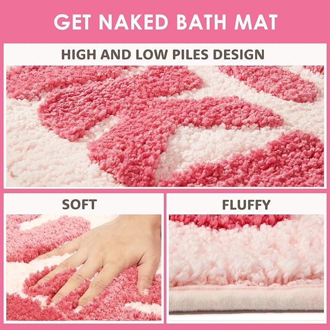 Irregular Shaped Get Naked Bath Mat Pink - Fun Bath mat, Small Preppy Bathroom Decor, Funny Aesthetic Bathroom Rugs for Apartmen Decor, Non-Slip Hot Pink Bath Rugs for Girls 31" x 18"