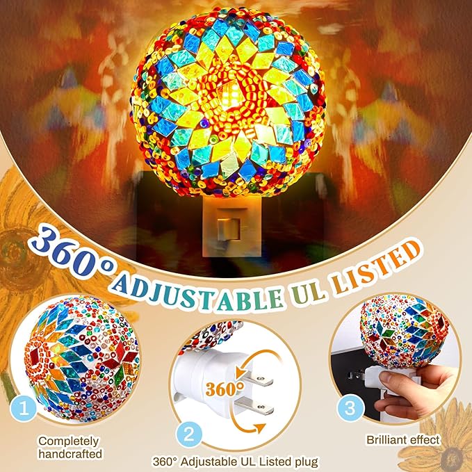 Hortsun Turkish Night Lights Plug into Wall Turkish Lamp Moroccan Lamp Stained Glass Mosaic Night Lights Plug in Bohemian Globe Decor for Living Room Corridor Bedroom Decorations