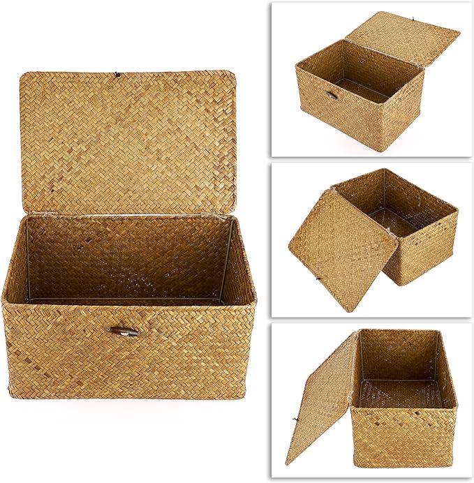 Hipiwe Wicker Shelf Baskets Bin with Lid, Handwoven Seagrass Basket Storage Bins Rectangular Household Basket Boxes for Shelf Wardrobe Home Organizer, Caramel Large