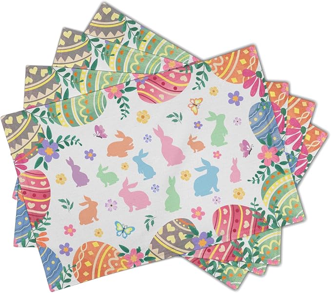 Easter Placemats Set of 4 Colorful Eggs Flowers Easter Bunny Rabbits Heat Resistant Washable Spring Seasonal Table Mats 12x18 Inch for Holiday Party Kitchen Dining Decoration