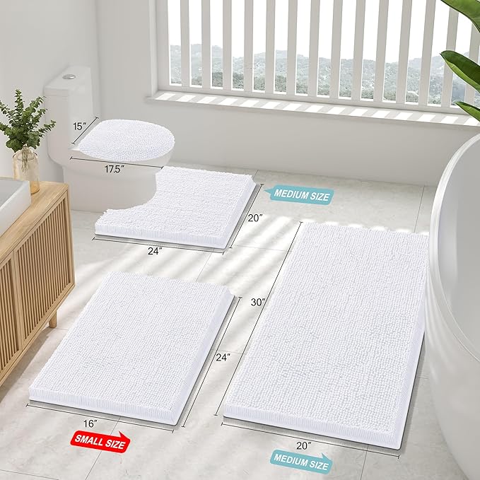 Smiry Luxury Chenille Bathroom Rugs 34x21, Extra Soft and Absorbent Shaggy Bath Mat, Machine Washable, Non-Slip Plush Carpet Runner for Tub, Shower, and Floor, Home Decor Accessories, White