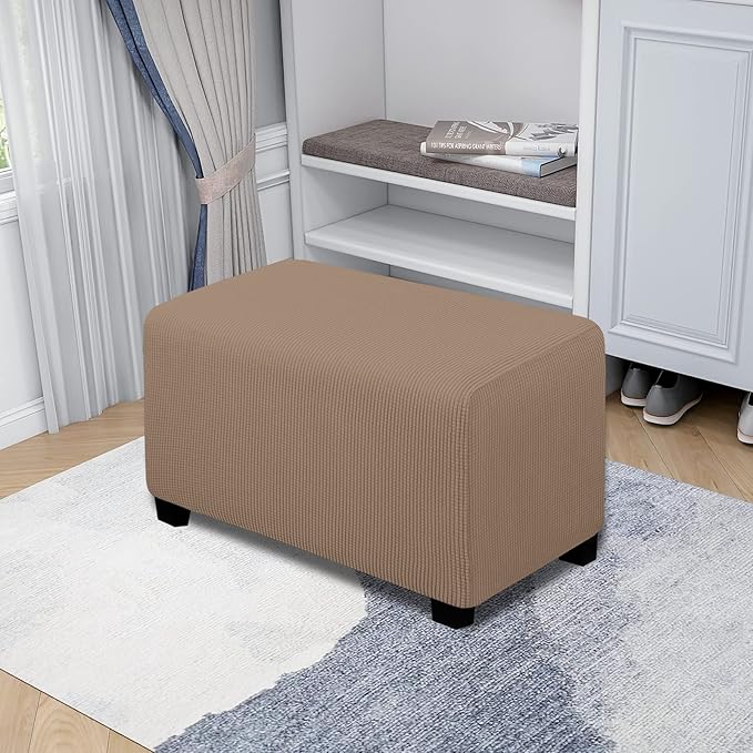 Easy-Going Stretch Ottoman Cover Folding Storage Stool Furniture Protector Soft Rectangle slipcover with Elastic Bottom(Ottoman Small,Camel)