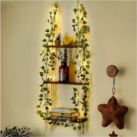 Hanging Shelf with Vine Lights, Macrame Plant Wall Shelf, Wall Storage with Handmade Woven Ropes, 3 Tier Floating Shelf, Boho Room Decor Aesthetic for Succulents, Bedroom, Living Room, Bathroom