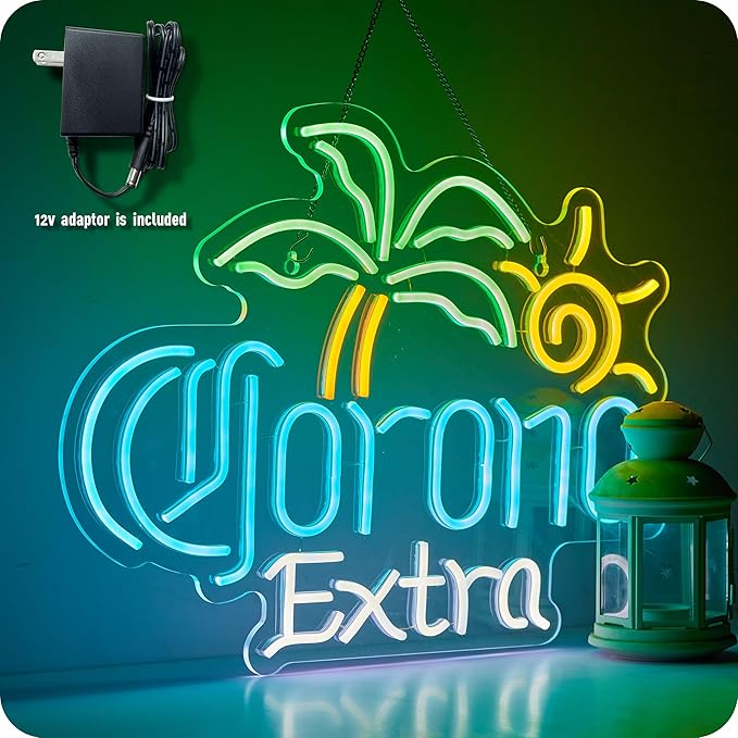 Large Size Beer Neon Sign for Wall Decor Coron Palm Tree Light Up Signs for Man Cave Bar Pub Store Party Club Big Beer LED Lights for Wall Decor Gifts (24 in, 12 v)