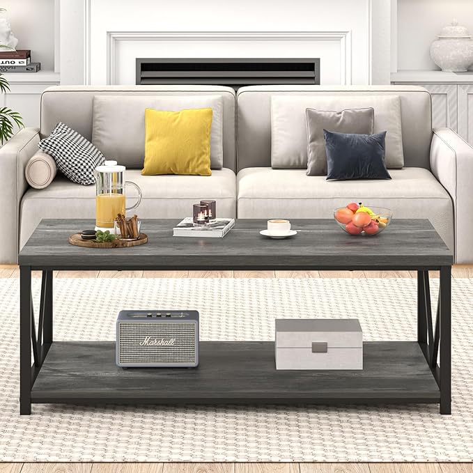 EXCEFUR Coffee Table, Rustic Wood and Metal Living Room Table, Industrial Rectangle Center Table with Storage Shelf, 47 Inch Grey