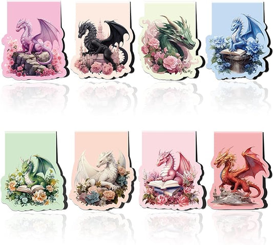 Cool Dragon Magnetic Bookmarks: 8Pcs Dragon with Wings Magnet Book Markers, Unique Floral Book Mark Clips Gift for Men, Gifts for Men Boys Kids Book Lovers Office School Supplies