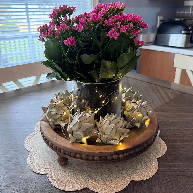 Wooden Tray - Round Beaded Serving Tray for Home Decor, Coffee Table, Kitchen Table, or Farmhouse Decor (Brown)