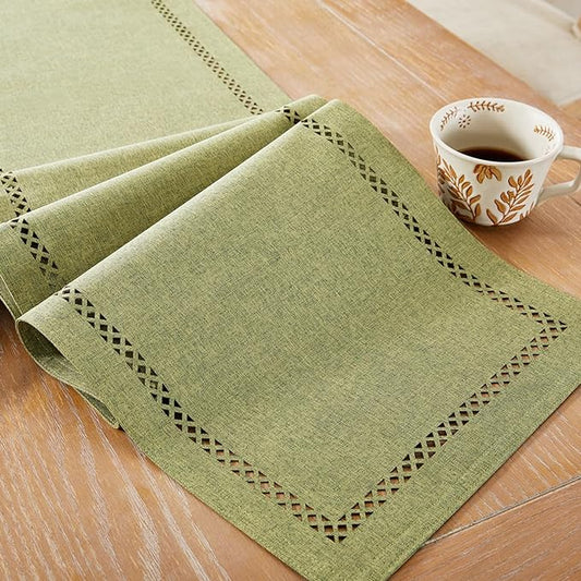 Burlap Style Farmhouse Table Runner, 13 x 36 Inch Sage Green, Rustic Geometric Hollow Table Runners 36 Inches Long for Dresser Table Everyday Use, 13x36 Inches, Sage Green