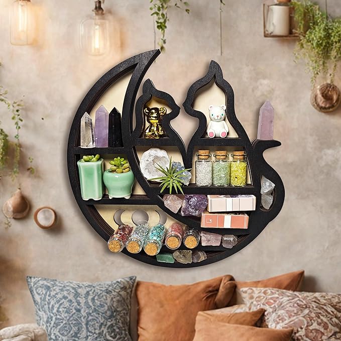 Crystal Display Shelf for Wall, Cats on The Moon Shelf, Crescent Moon Phase Cute Home Decor Wooden Rock Display Shelf Crystal Holder Stone Storage Aesthetic Hanging Floating Organizer