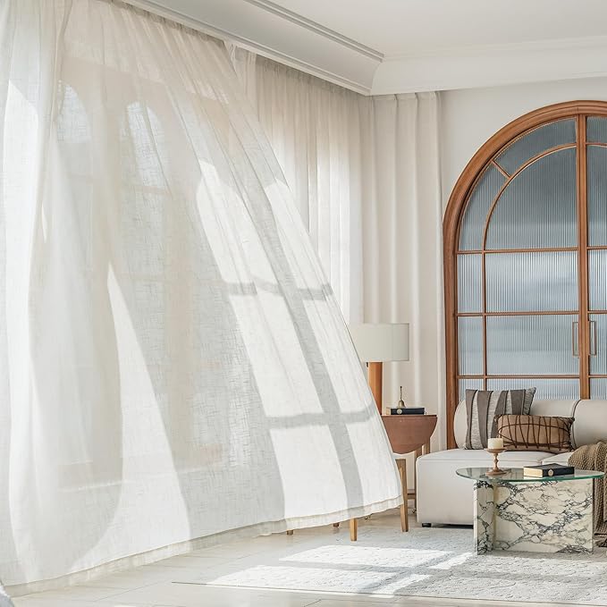 FMFUNCTEX Natural Sliding Door Curtain 84" Sheer Linen Curtains for Living Room Divider 100" Width Extra Wide Bedroom Drapes Linen Patio Door Panel Semi Sheer Window Panels Beige Rod Pocket 1 Panel