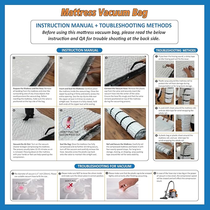 Queen/Full/Full-XL Foam Mattress Vacuum Bag for Moving, Vacuum Seal Mattress Bag with Straps