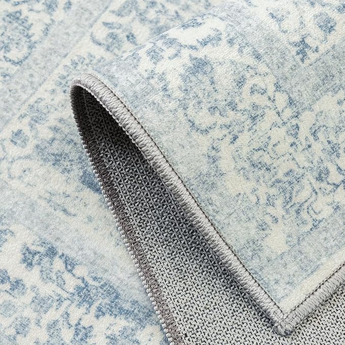 Blue Runner Rug 2x8 Hallway Machine Washable Kitchen Vintage Distressed Non Slip Long Carpet Indoor Retro Floral Bedroom Accent Throw Rug for Bathroom Office Laundry Dining Room